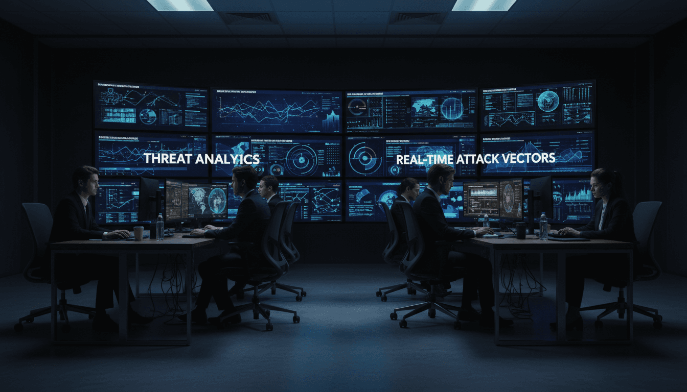 Modern cybersecurity office with data monitoring screens