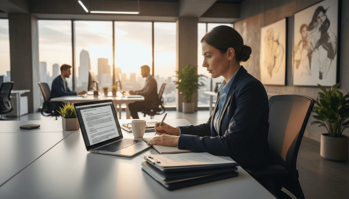 Professional reviewing legal documents on a laptop in a modern office