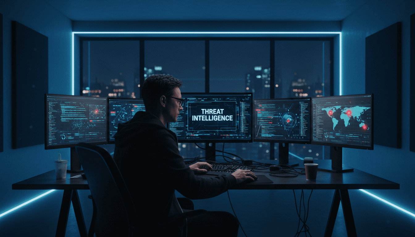 Cybersecurity professional monitoring activity on screens in a dark office