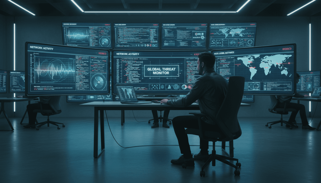 Cybersecurity professional monitoring digital screens