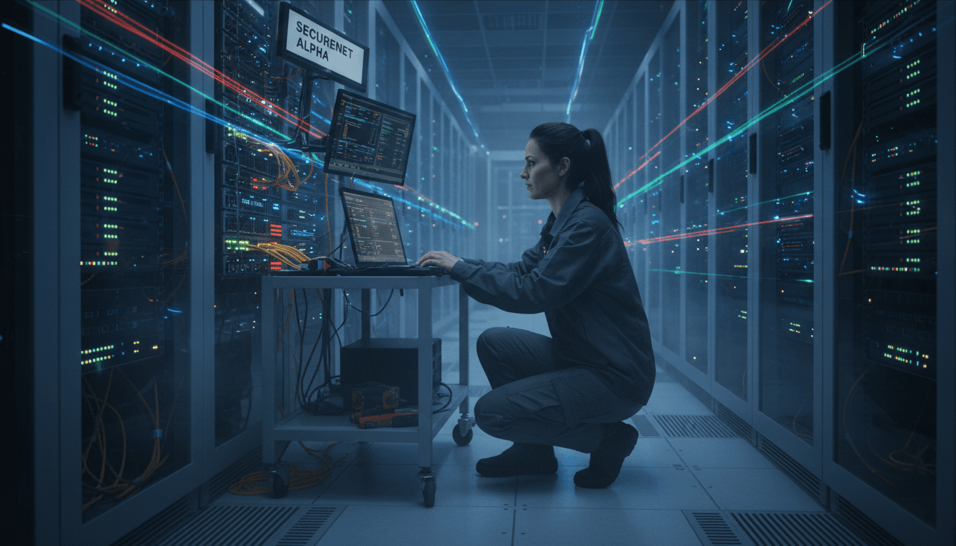 Cybersecurity engineer working on network security in a data center