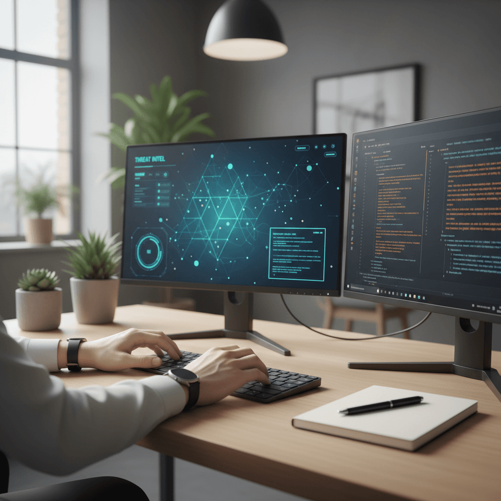 Cybersecurity professional monitoring digital security systems on screens in a modern office